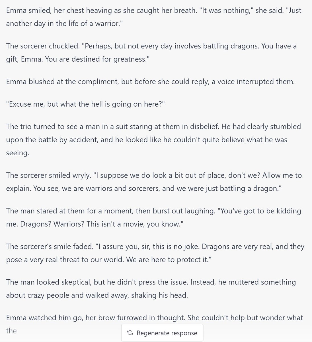 edt_87654's tweet photo. Another attempt of using chatgpt in writing a fantasy novel.

#WritingCommunity #novelwriting #writers #chatgpt #fantasy #novel #urbanfantasy https://t.co/lx7qMHE2C3