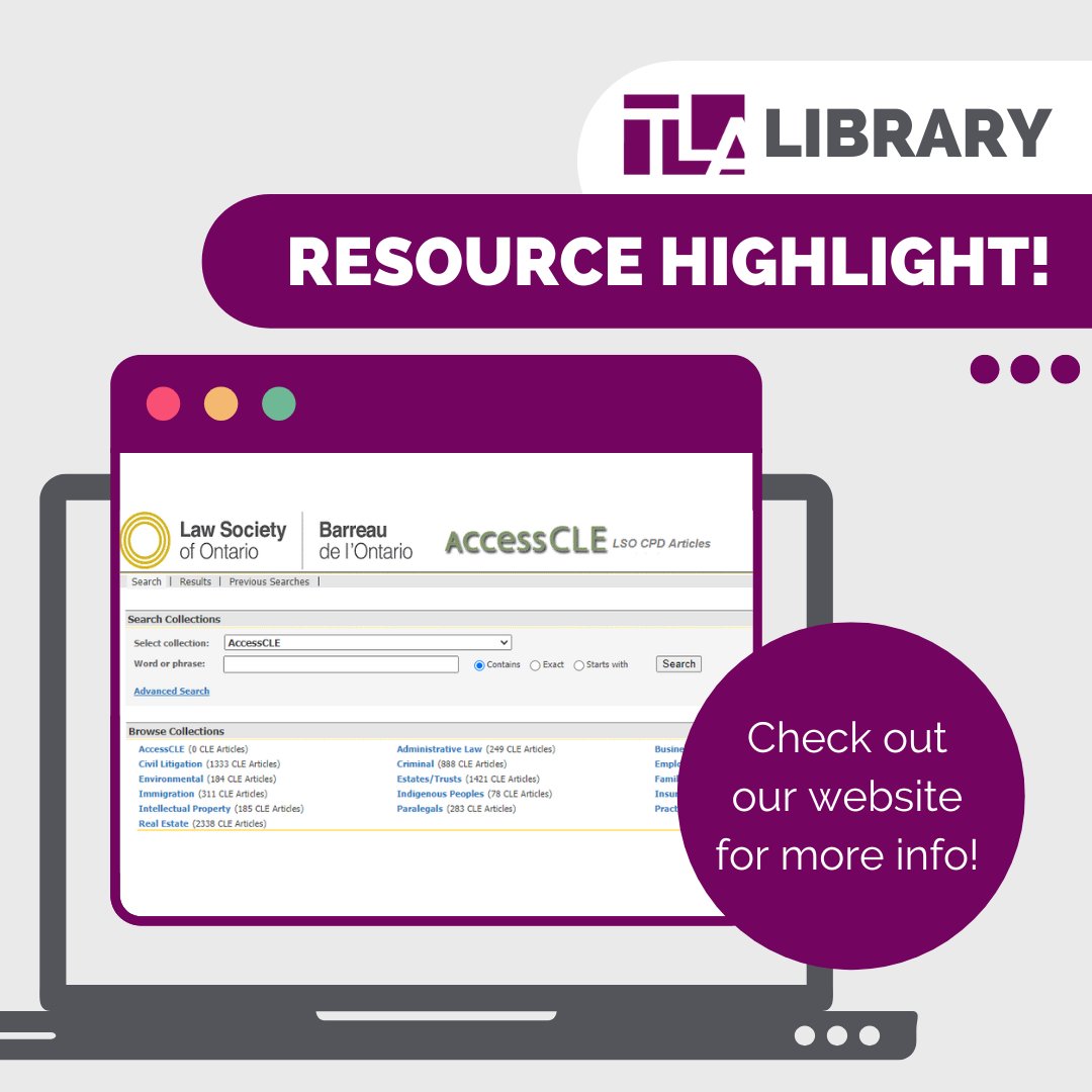 TLAvoice's tweet photo. #DidYouKnow you can access LSO #CPD materials for free online? AccessCLE provides access to CPD articles from 2004-present! Browse or search today. 

Read the insightful @greatlibrary blog for tips &amp; tricks: https://t.co/mW5D7Bjtn3

#TipTuesday #ResourceHighlight #TorontoLaw https://t.co/uiX3WzNW5A