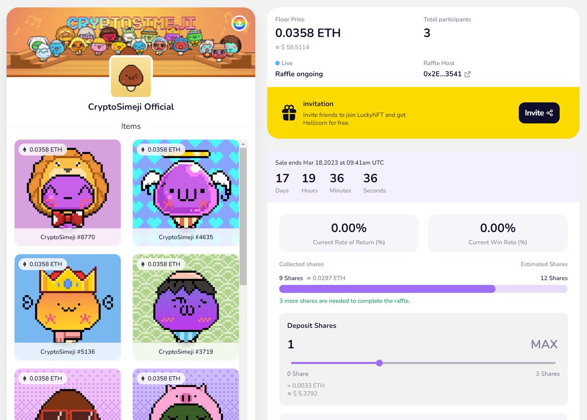 LuckyNFT_VIP's tweet image. 🍀How about winning a cute CryptoSimeji. For the low entry cost of 0.0033ETH, you can join in the competition. 

Only three shares remaining, don't wait any longer! Enter now for your chance: luckynft.vip/detail/2860704…

 Don't miss out on your lucky opportunity.
#LuckyNFT #NFTRaffle