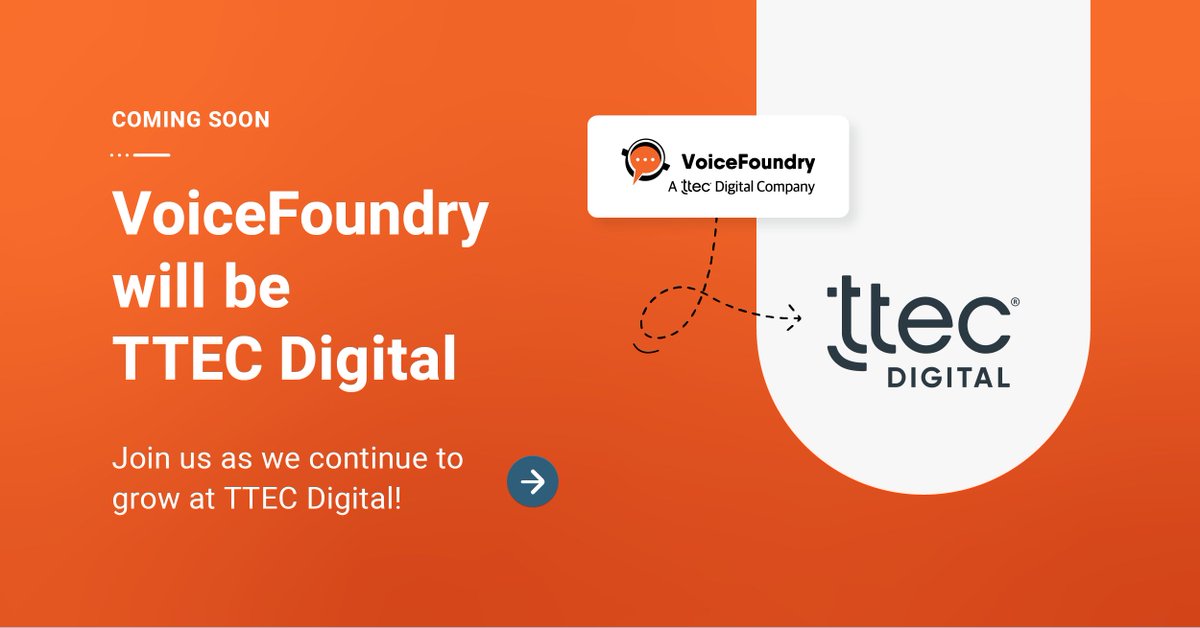 VoiceFoundry (@voicefoundry) on Twitter photo Coming soon: one TTEC Digital brand!
We’re bringing it all together – VoiceFoundry is officially becoming TTEC Digital. W/ this exciting shift comes the switch of our social activity to the <a href="/TTECDigital/">TTECDigital</a> account. Follow us over there to stay in the loop! #TTECDigital Coming soon: one TTEC Digital brand!
We’re bringing it all together – VoiceFoundry is officially becoming TTEC Digital. W/ this exciting shift comes the switch of our social activity to the <a href="/TTECDigital/">TTECDigital</a> account. Follow us over there to stay in the loop! #TTECDigital