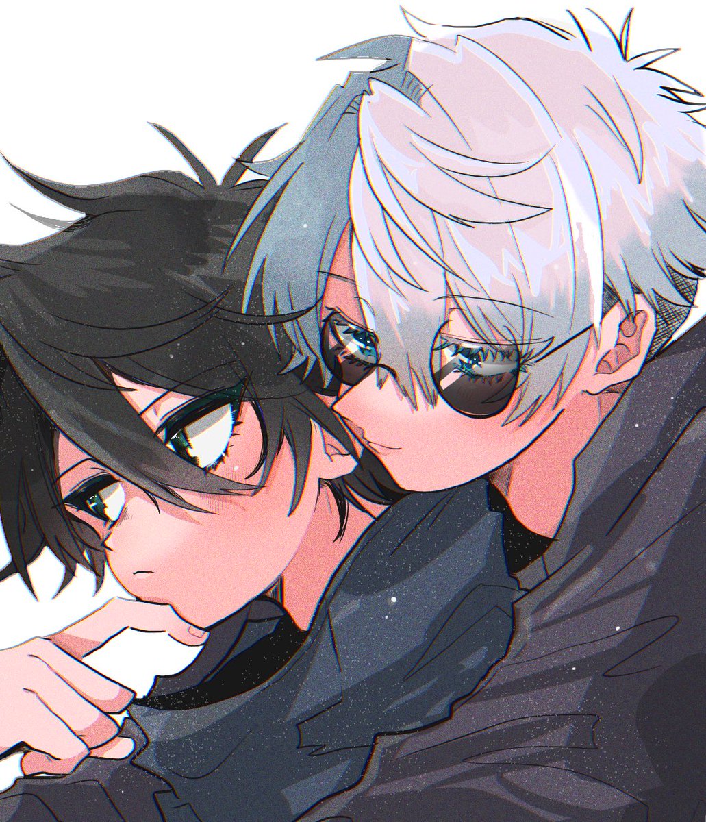 fushiguro megumi ,gojou satoru multiple boys 2boys black hair male focus sunglasses blue eyes white hair  illustration images
