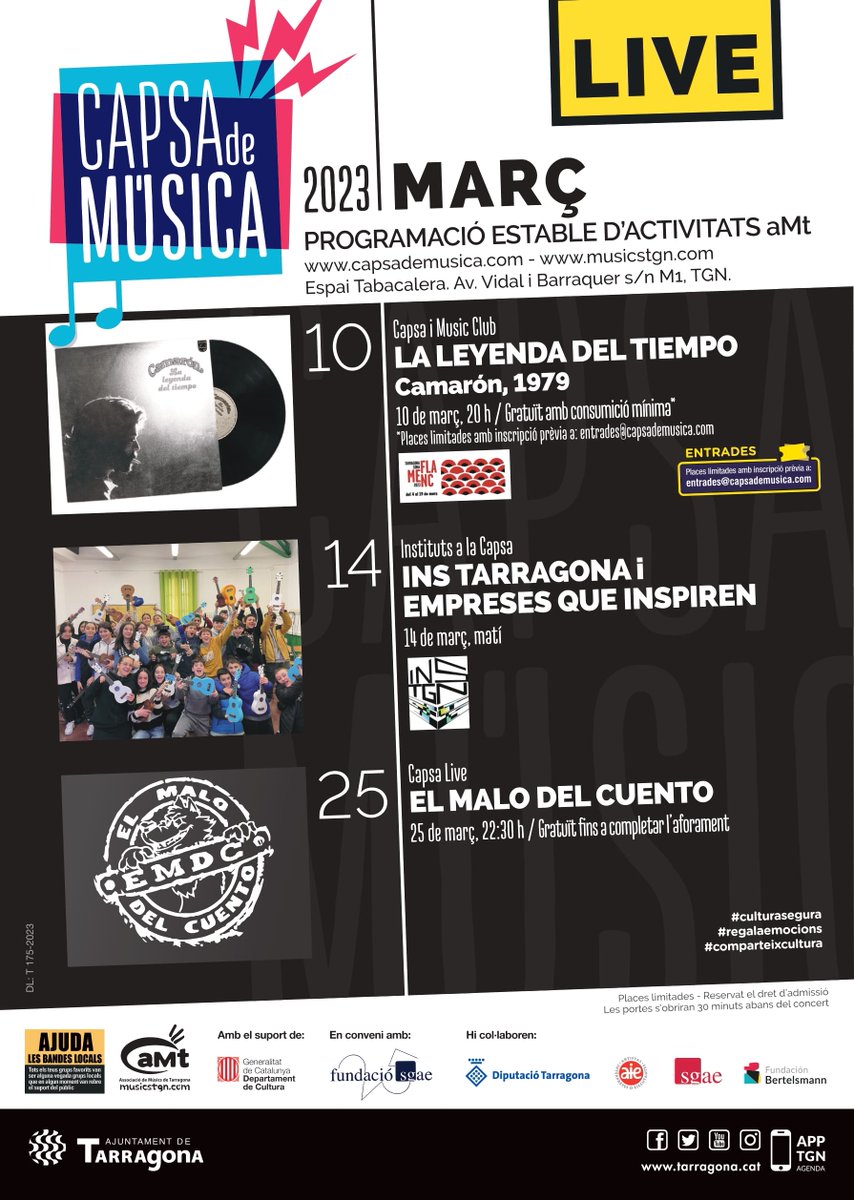 musicstgn's tweet photo. LA PRIMAVERA #MUSICAL ARRENCA AL #MARÇ A LA #CAPSADEMÚSICA #MÚSICLUB amb LA LEYENDA DEL TIEMPO de #Camarón dia 10, 20 h. #INSTITUTSALACAPSA amb #INSTARRAGONA i #Empresasqueinspiran dia 14.
#LIVE amb #ELMALODELCUENTO dia 25, 22:30 h #gratuït #rock #formacio #flamenc #musicians https://t.co/G6yn12hj91