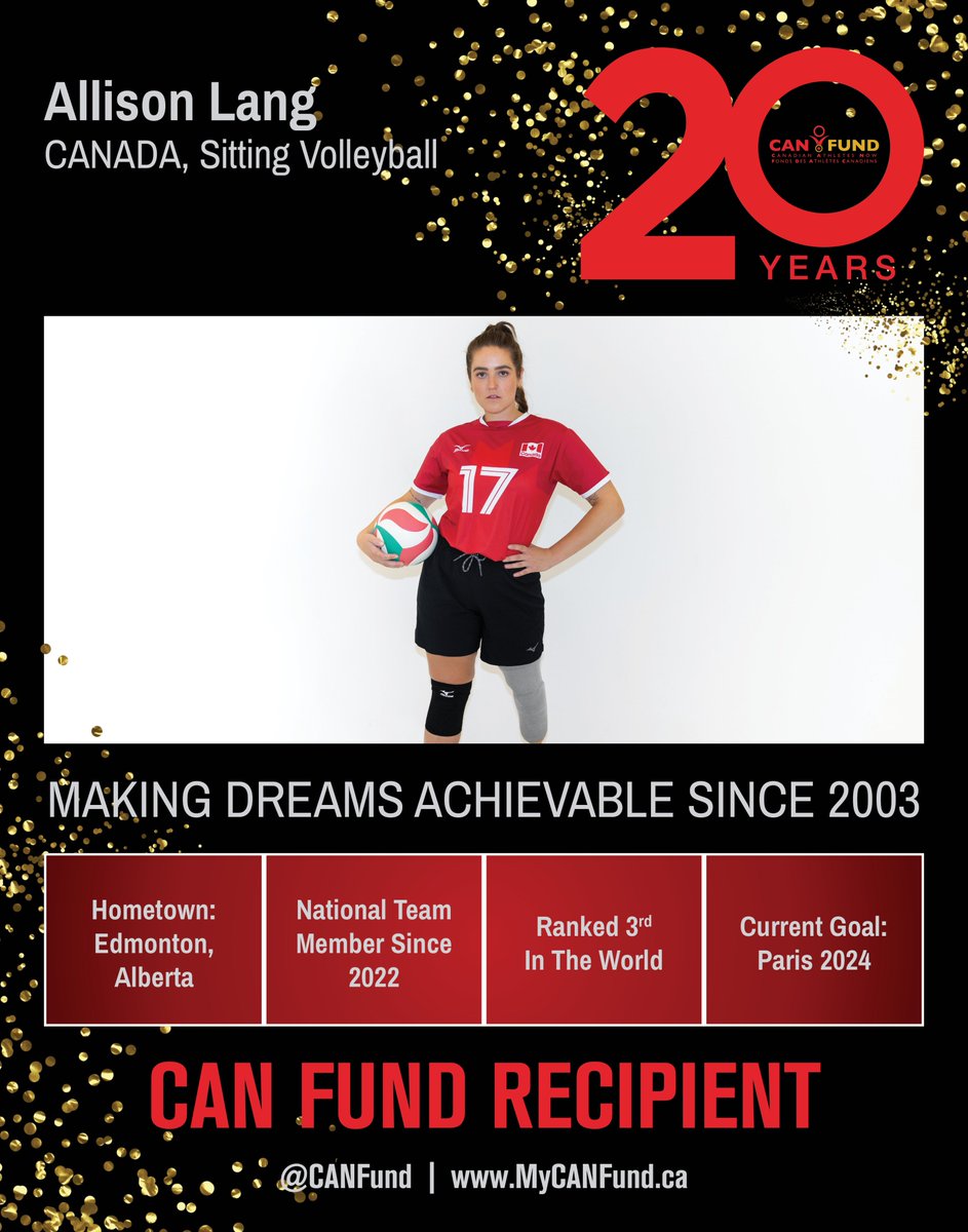 allisonelang's tweet photo. I am beyond honoured to be selected as a @CANFUND recipient in celebration of their 20th anniversary!! To kickoff CAN Fund's 20 years, athlete recipients will now receive $8,000 instead of $6,000!
Visit https://t.co/zGAbdP2WrV to donate!
#CANFund20 #CANFund https://t.co/U4ZAYPTmXl