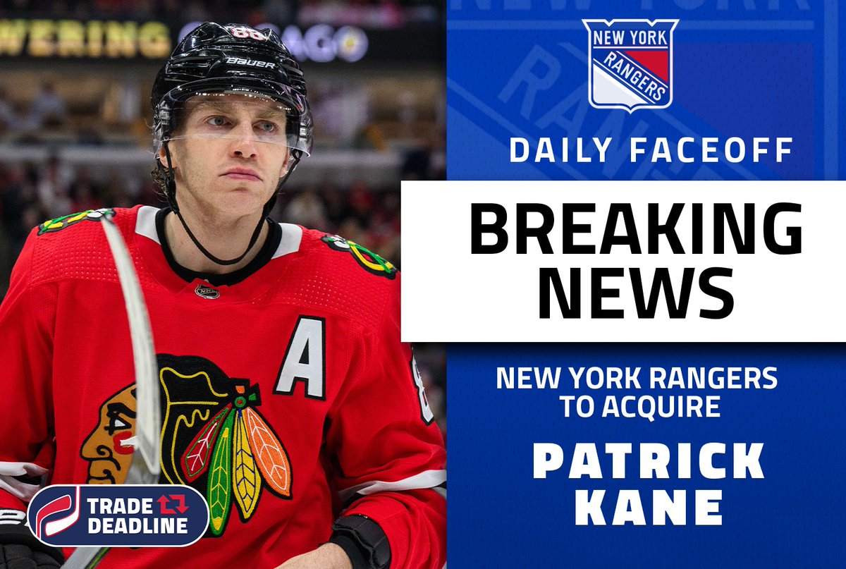 Breaking: It's Showtime. Sources tell @DailyFaceoff: #NYR expected to acquire Patrick Kane for 2023 2nd Rd Pick (can become a 1st) and a 4th Rd Pick. #NYR and #Blackhawks plan to conduct 3-team trade call tonight. Possible Kane makes #NYR debut Wed in Philadelphia vs. #Flyers.