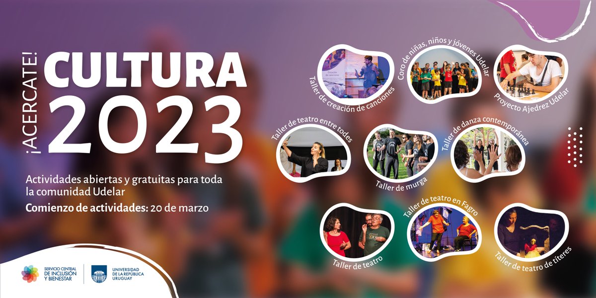 icfudelar's tweet photo. La Udelar ofrece a toda la comunidad universitaria actividades culturales a través del Área de Cultura del Servicio Central de Inclusión y Bienestar Universitario (SCIBU). Las inscripciones permanecerán abiertas hasta el 15 de marzo.
+info: https://t.co/hVDipGtnFY https://t.co/Yk37vtqHM5