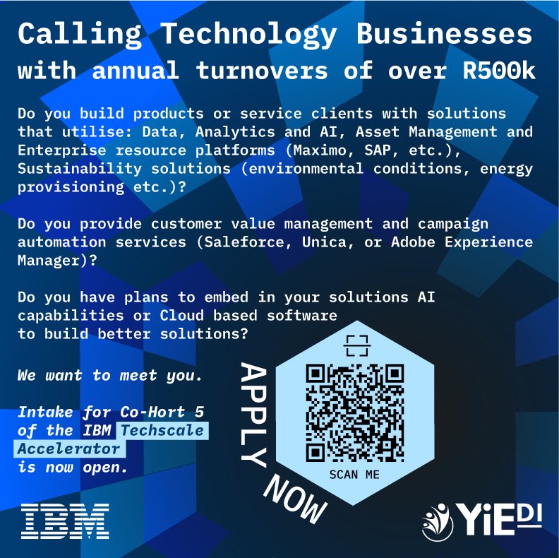 Calling Technology Businesses with an annual turnover of over R500k Applications for the #IBMTechscale Accelerator is now open. More information and detailed criteria on the application form. Apply before 20 March 2023 on the link below 👇 yiedi.typeform.com/IBMTechscale5M