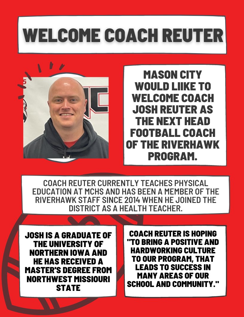 Welcome Coach Josh Reuter!  The next leader of our Riverhawk Football Program.  We are very excited to see the next chapter under your leadership!  #GoRiverhawks #WingsUp