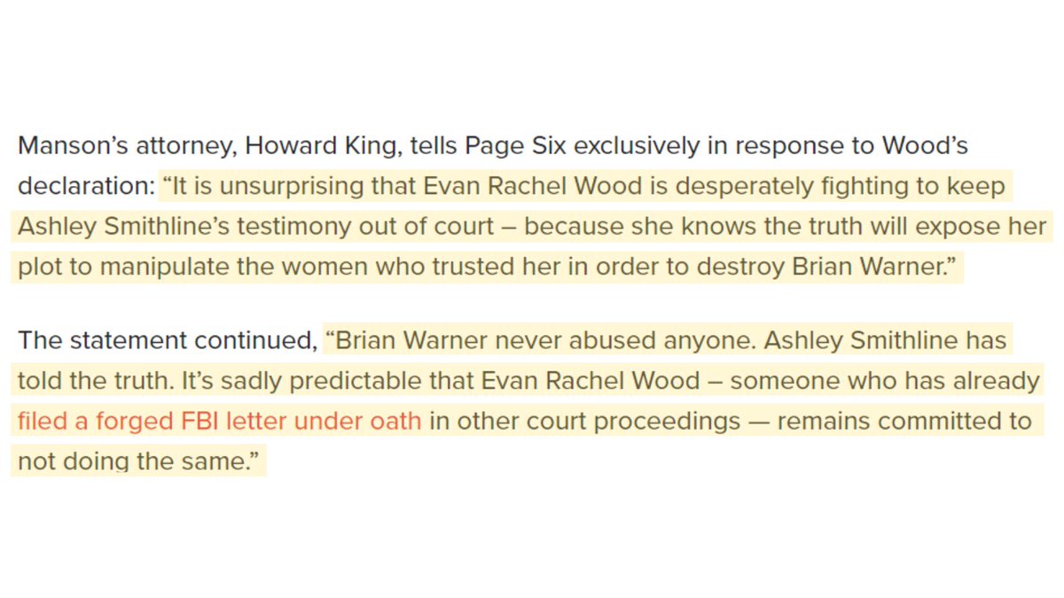 🚨Marilyn Manson's attorney RESPONDS exclusively to @PageSix about Evan Rachel Wood's declaration.

This relates to Ashley Morgan Smithline recanting her allegations against him.

#JusticeForMarilynManson #IStandWithMarilynManson