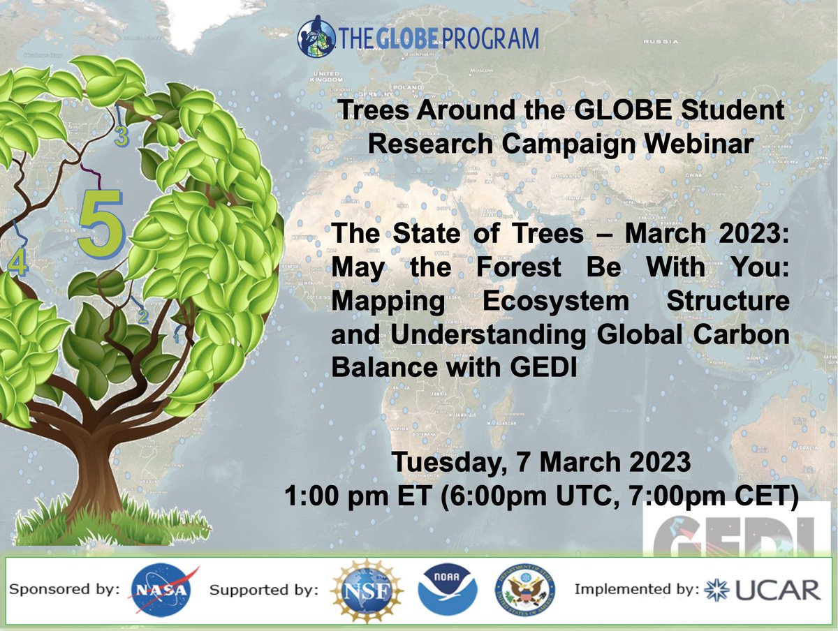 Mark your calendars: next Tuesday, tune into the #GEDI webinar with the <a href="/GLOBEProgram/">The GLOBE Program</a>!

Sign-up info here: globe.gov/web/trees-arou…