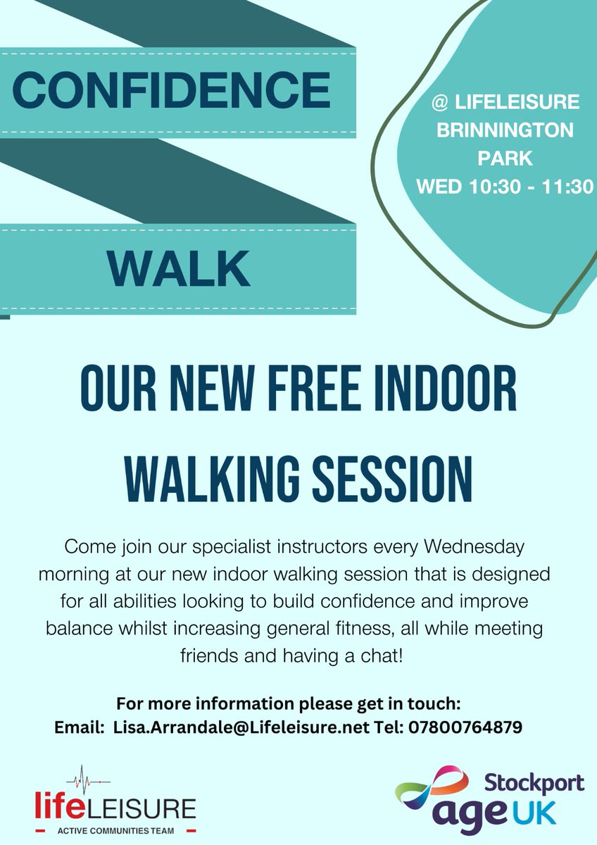 Do you or someone you know need to improve their balance; gain confidence in walking all while increasing fitness 🚶
Come along to the FREE Indoor confidence walk 😊 Every Wednesday from 10.30 till 11.30am at Brinnington Park Leisure Complex  
<a href="/lifeleisureUK/">Life Leisure</a>