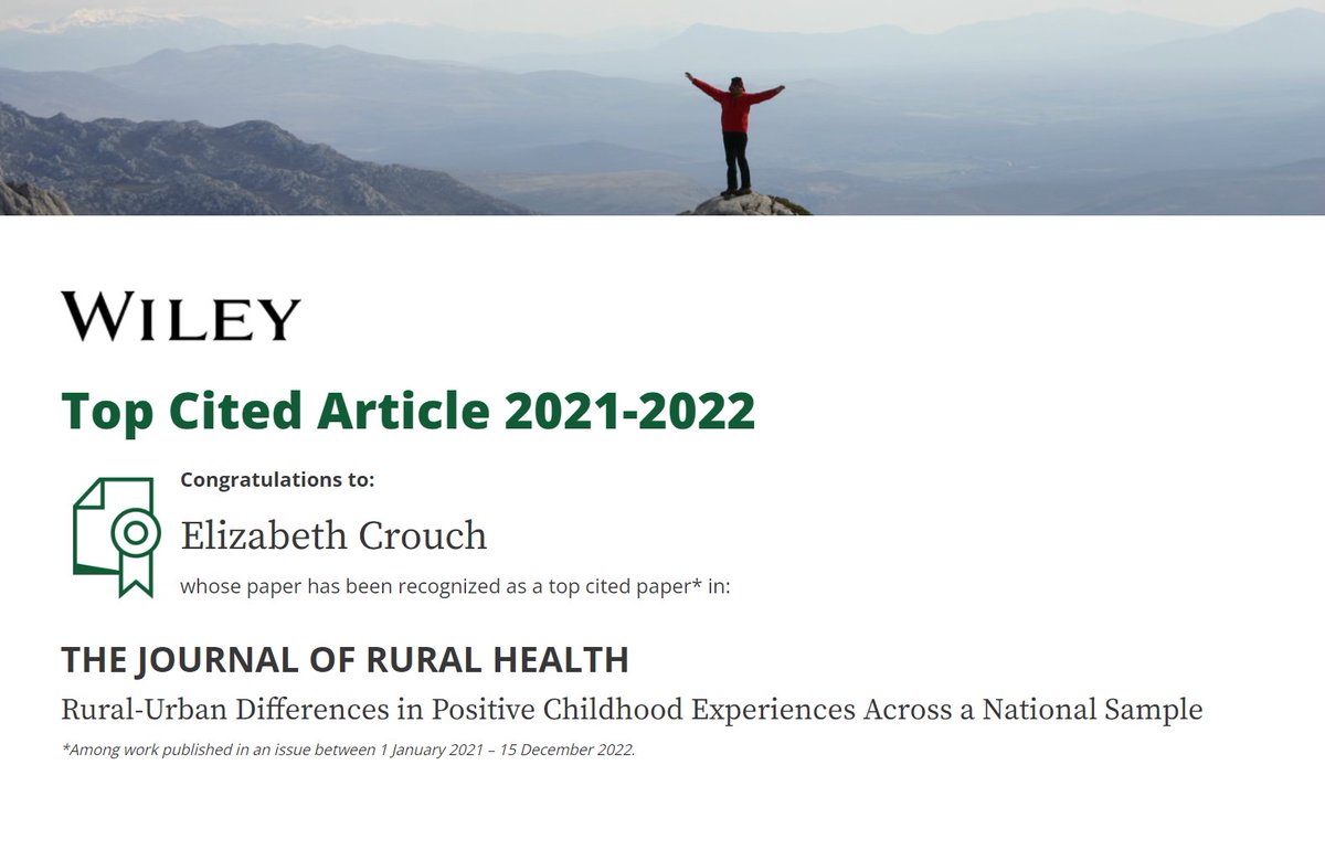 📢 Shout out to @RMHRC_UofSC investigators, whose paper on rural-urban differences in positive childhood experiences is a #TopCitedArticle in The Journal of Rural Health @wileyinresearch 🎉🎉🎉 ➡️ ow.ly/4zyh50MZMUC #USCImpact #ResearchThatMatters @USCResearch @doctacrouchie