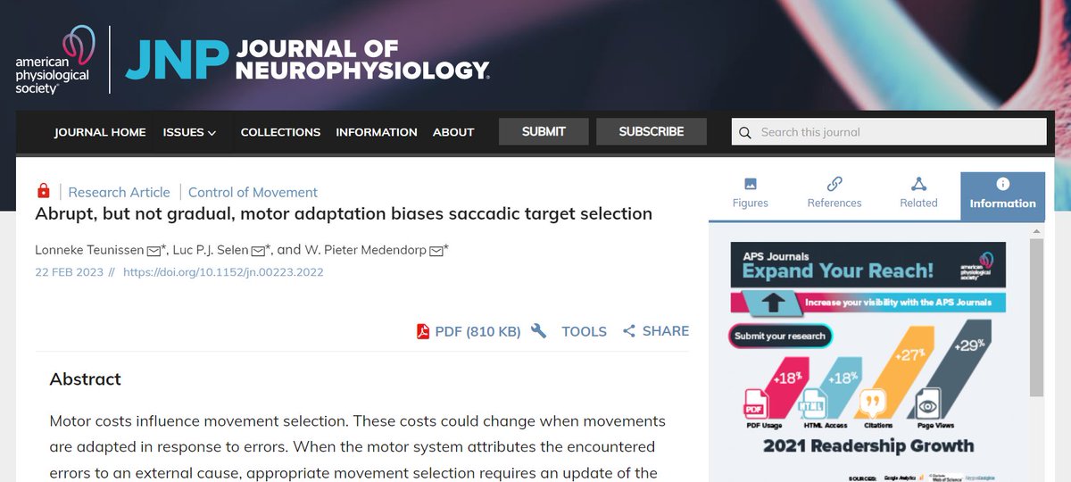 JNeurophysiol's tweet photo. #ArticlesInPress "Abrupt, but not gradual, motor adaptation biases saccadic target selection" by W. Pieter Medendorp (@pmedendorp) et al.
https://t.co/uB4RJ9PzZe
#SaccadicAdaptation #DecisionMaking #TargetSelection #TargetRemapping #ControlPolicy https://t.co/Rz6J0yYU2a