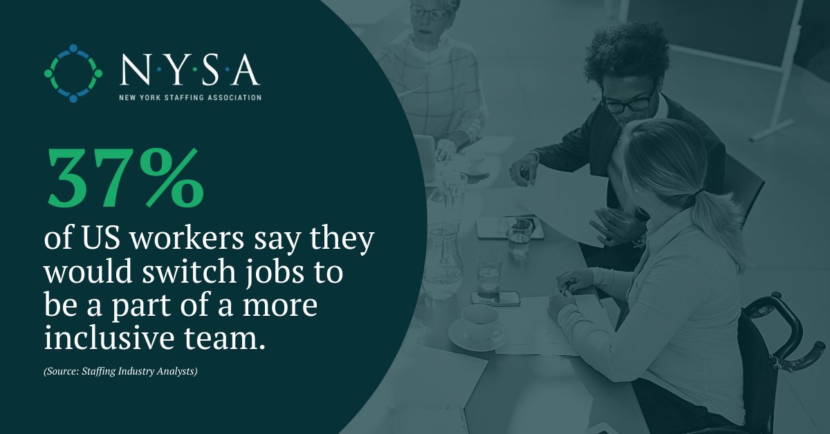 A recent study by <a href="/SIAnalysts/">SIA Global</a> shows that over 1/3 of workers would switch jobs to join a more inclusive team. #Inclusivity is a hot topic we focus on within NYSA, where we share tips on creating an inclusive environment within the staffing industry. 

#NYSA #Inclusive #DEI