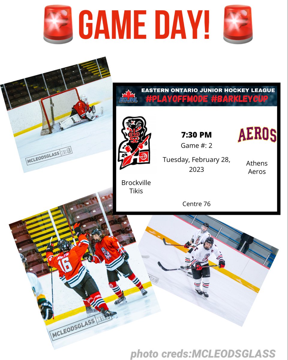 🚨PLAYOFFS-GAME 2!🚨 Tikis are on the road tonight for game 2 against the Athens Aeros. Puck drop at 7:30pm. <a href="/theEOJHL/">The EOJHL</a> Let’s roll Teeks!! #TikisGameday #tikitime #brockvilletikis #rollteeks #playoffmode #EOJHL