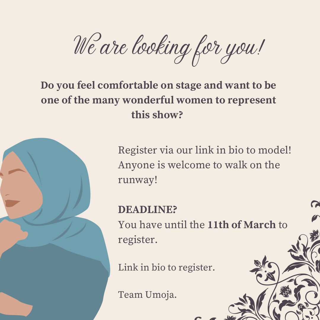 We are looking for models for our newest event! 

Modest fashion show, where we want to emphasize the simplicity and elegance of fashion without wanting to show too much skin. 

Want to be part of the runway show? 

Register here below 👇 

docs.google.com/forms/d/e/1FAI…