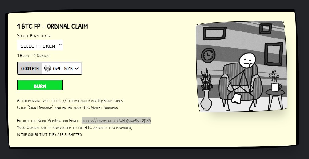 LET THE BITCOIN BURN BEGIN

All Holders may now CLAIM THEIR ORDINALS
1ethfp.com/bitcoin

1. Select the ETH Token(s) you would like to Burn
2. BURNNN
3. Submit Ordinals Wallet
4. Your Ordinal(s) will be airdropped to your BTC Wallet

Last Chance ! 👇
opensea.io/collection/1bt…