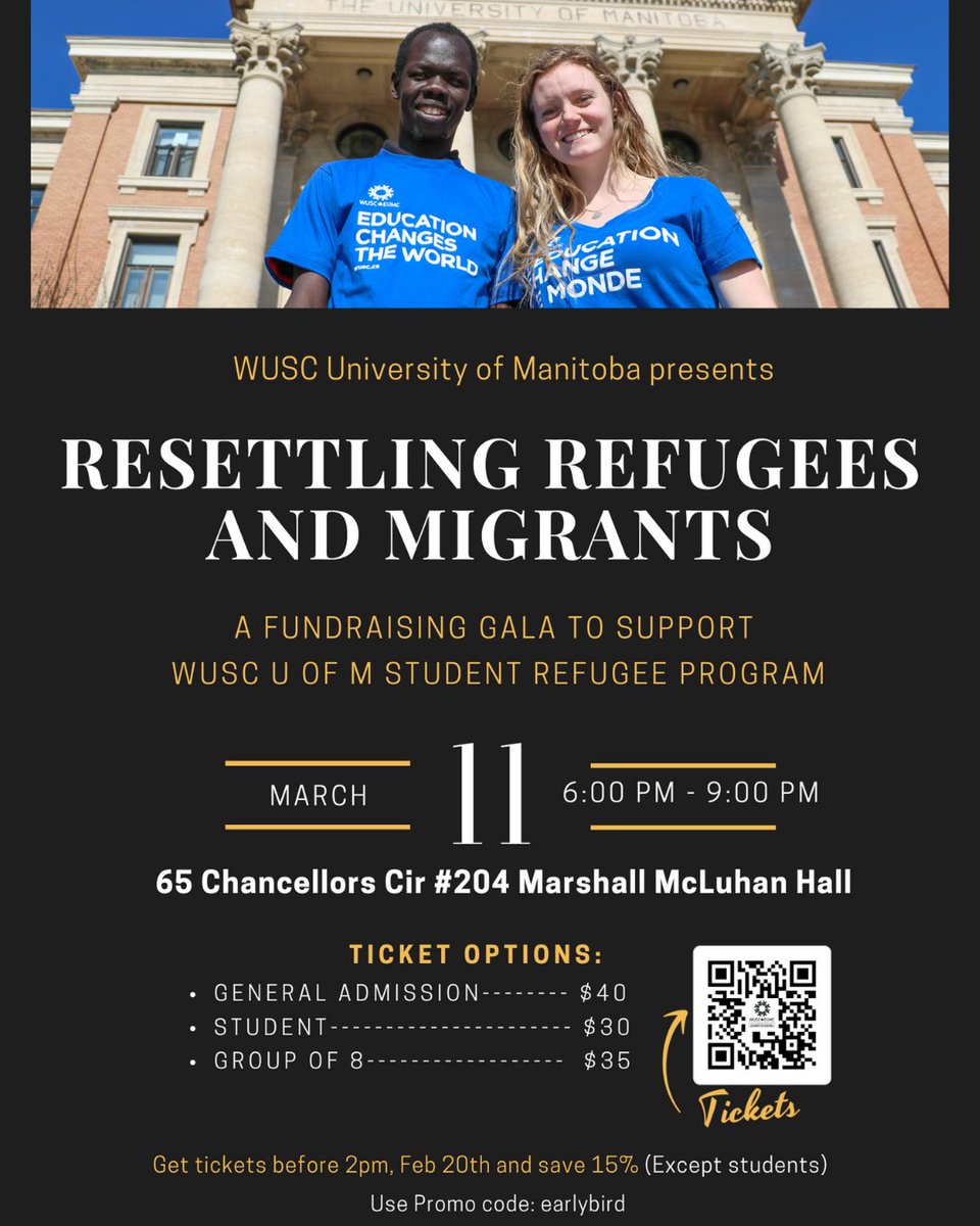 Join the WUSC UofM fundraising gala on March 11th from 6 - 9 pm to support the student refugee program! Our CEO Margaret von Lau will be the guest speaker at this event. Check the below poster for details.