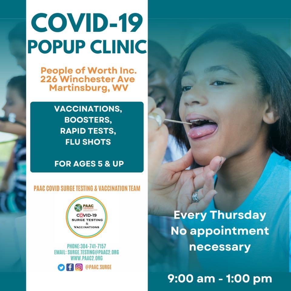 Free Weekly Pop up Clinic! Every Thursday at People of Worth in Martinsburg, WV. No appointment necessary.

#martinsburgwv #covid19 #flu #testing #vaccine