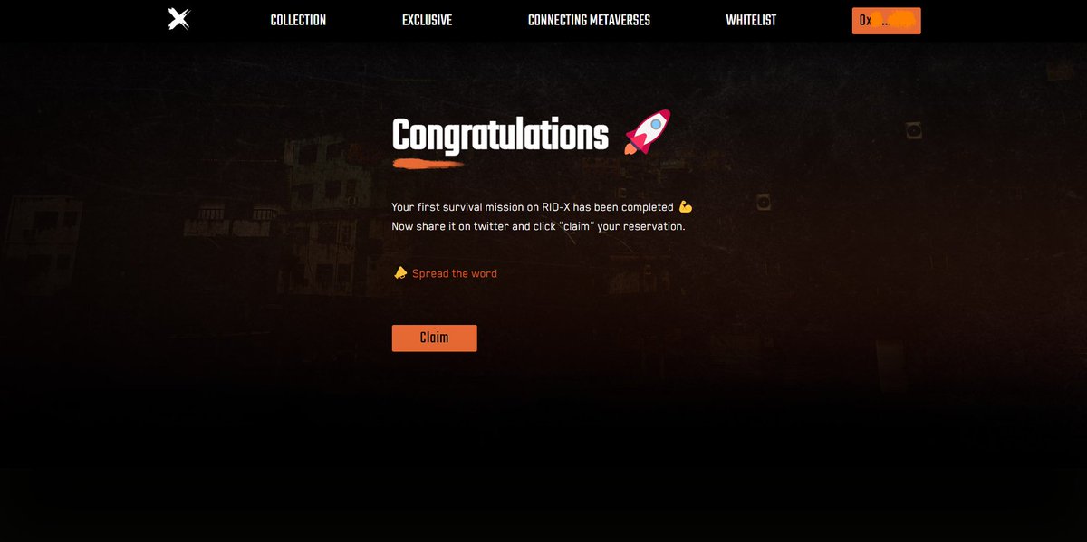 Attention survivors

Our wallet checker is up and running, so head over to oscrias.riox.io/whitelist/ and get verified.

If you're already on the WL, the page should look familiar. Simply click "Claim" to secure your spot.