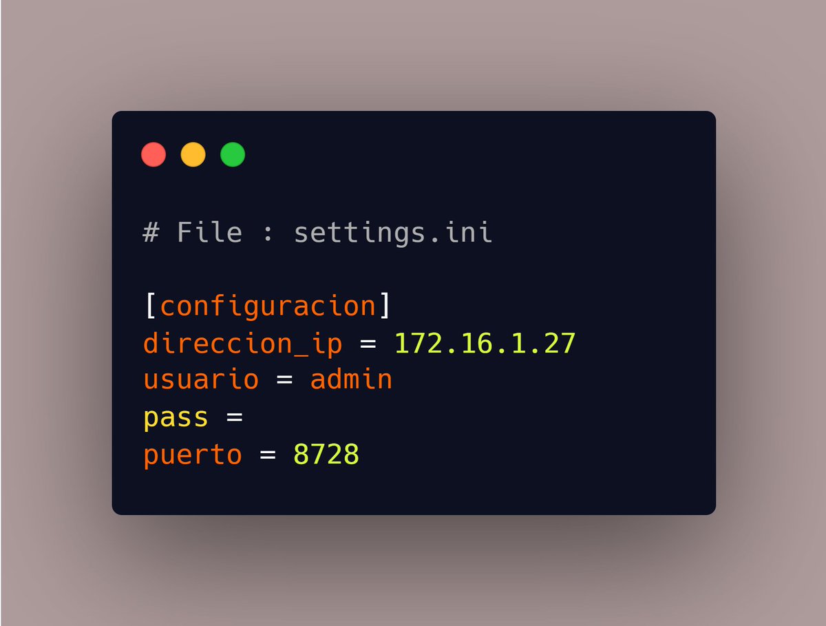 samuel24_dev's tweet photo. Aquí vemos el archivo "settings.ini" con las credenciales de acceso al equipo Mikrotik, puedes modificar este archivo con tus propias credenciales🔍💡
 
GitHub: https://t.co/wMDcLSNxKj

#Python #Mikrotik #ProgramacionDeRedes #Paramiko https://t.co/lLAhLADkSQ