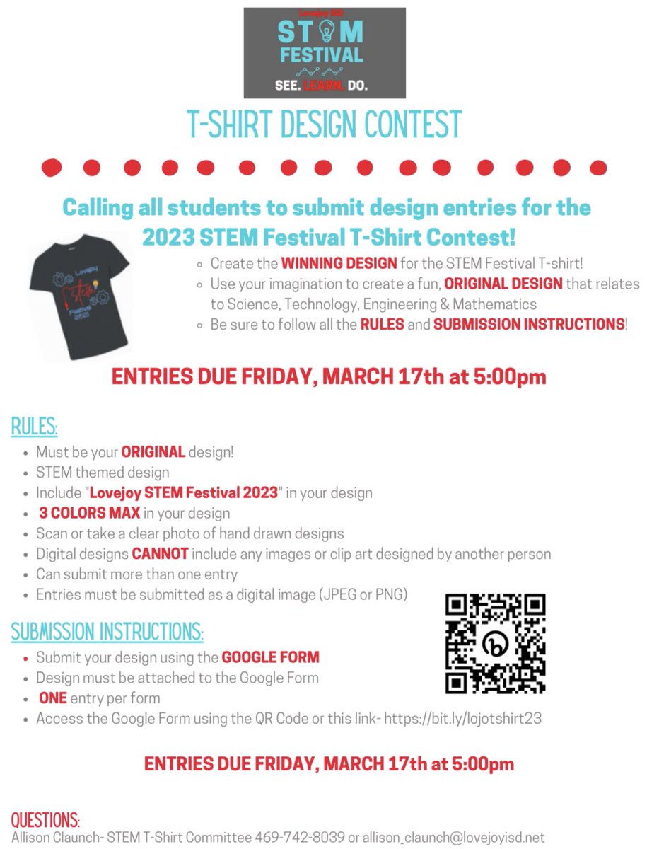 Be sure to submit your winning design!  bit.ly/lojotshirt23 
<a href="/lovejoyisd1/">Lovejoy ISD</a> #lovejoystemfest