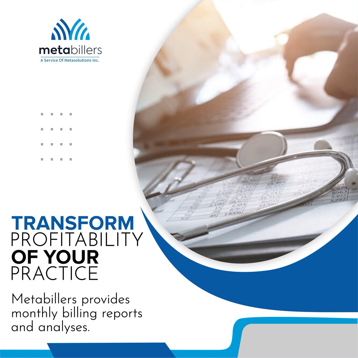 metabillers's tweet image. Metabillers provides monthly billing reports and analyses. We offer insights and recommendations on how to enhance the overall financial health of your practice.
.
#medicalbillingsoftware #medicalbillingsolution #medicalbillingsolutions #hospitalistbilling
