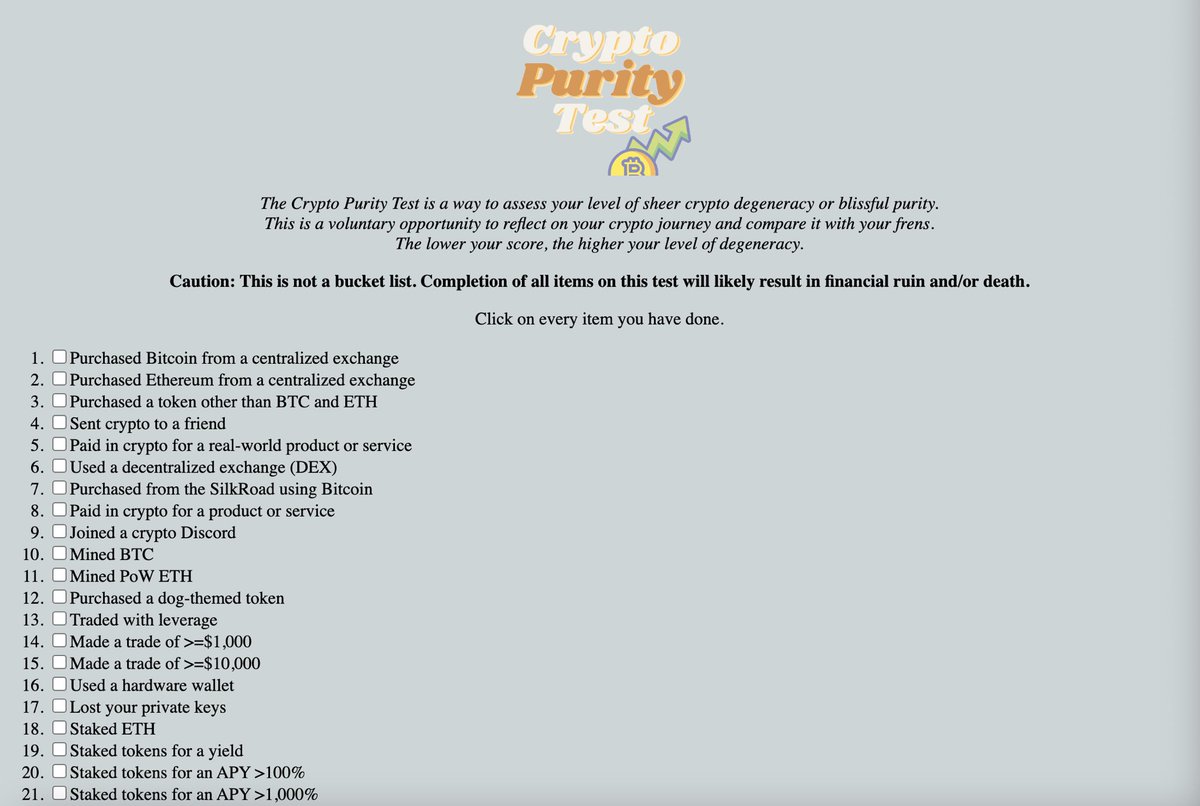 introducing the 💫 Crypto Purity Test🙏 — the Rice Purity Test for web3.  who is the most degen among us? link below ⬇️