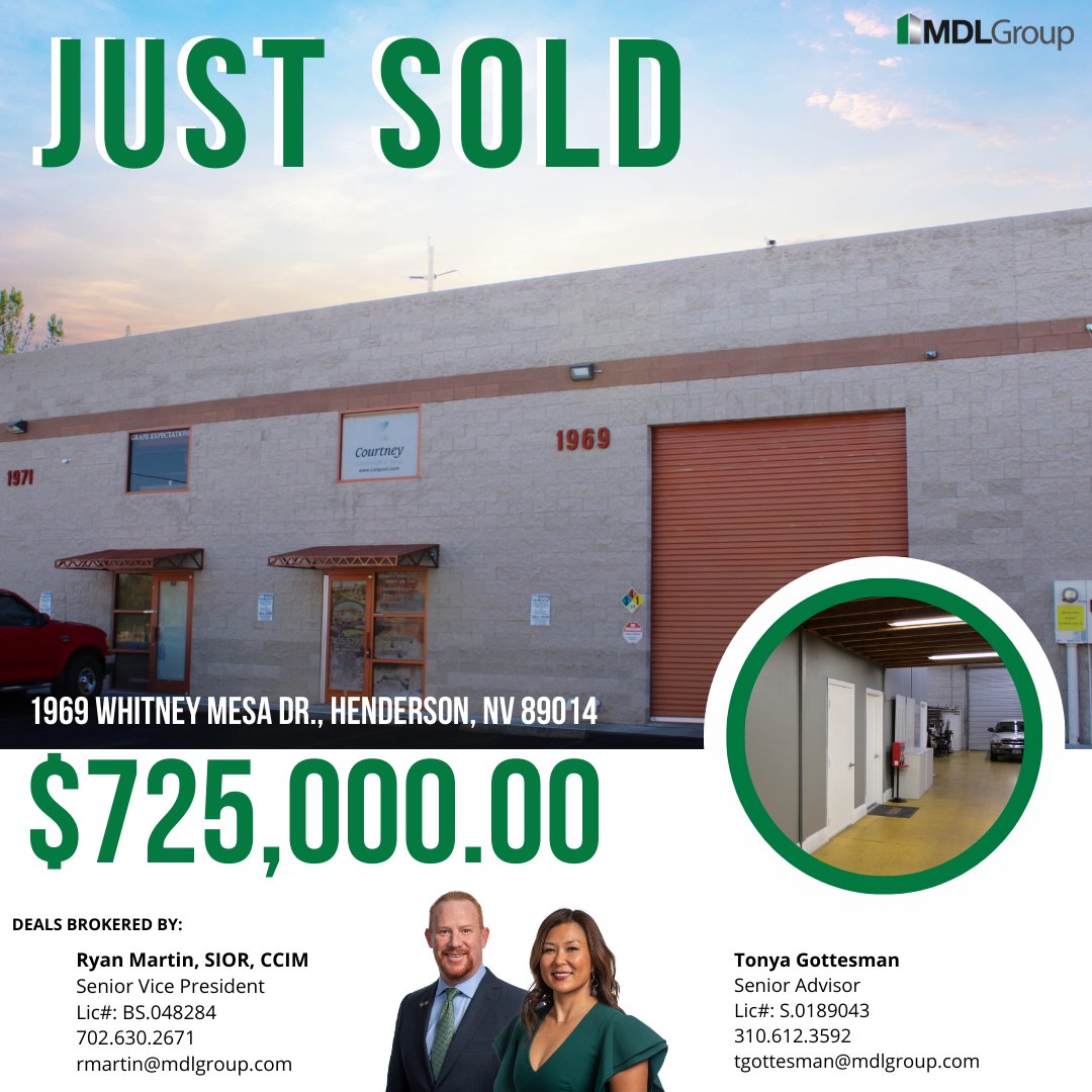 mdlgroup's tweet photo. #SOLD A ±2,400 SF Industrial warehouse building sold in Henderson. This transaction was joined effort. Ryan Martin & Tonya Gottesman represented the Landlord, and Michael Greene, Luke Ramous & Hayim Mizrachi represented the buyer. #teamwork
#Sold #CRELV #Industrial #Henderson https://t.co/7chREV13SM