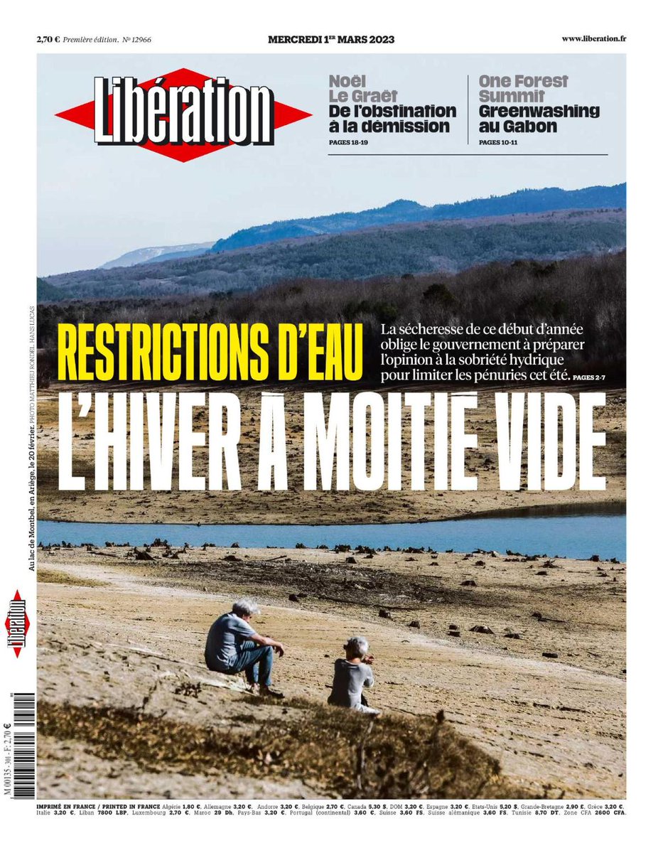 A la une de <a href="/Libe/">Libération</a> ce mercredi : 

💧 Restrictions d'eau : l'hiver à moitié vide

Lire : journal.liberation.fr