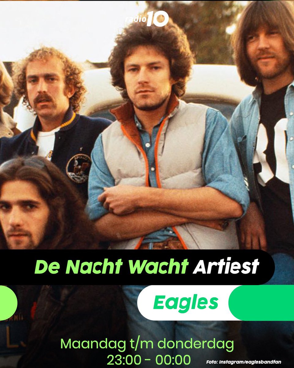 Vandaag in De Nacht Wacht:
🎤 Artiest: Eagles
🎬 Movie Track: uit ‘Play Misty for Me'
📨 Ingezonden Top3! 
Luister je mee? 🤩
#deNachtWacht #radio10 #eagles