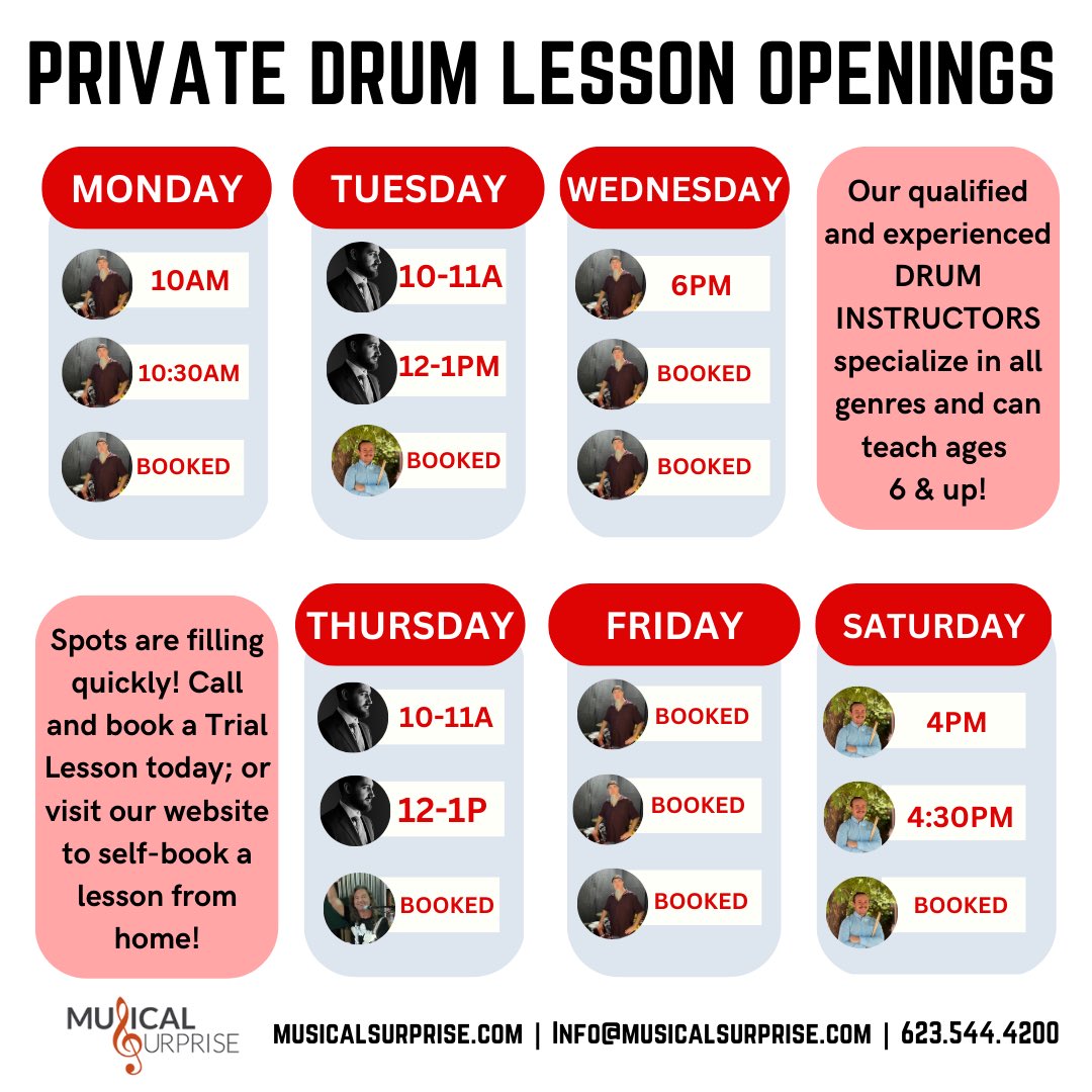 Hurry and book your spot before it's too late! These spots are filling up quickly.

musicalsurprise.com

#drumlessonsaz #westvalleyaz #musicalsurprise #notyouraveragestudio #thebestinthewest