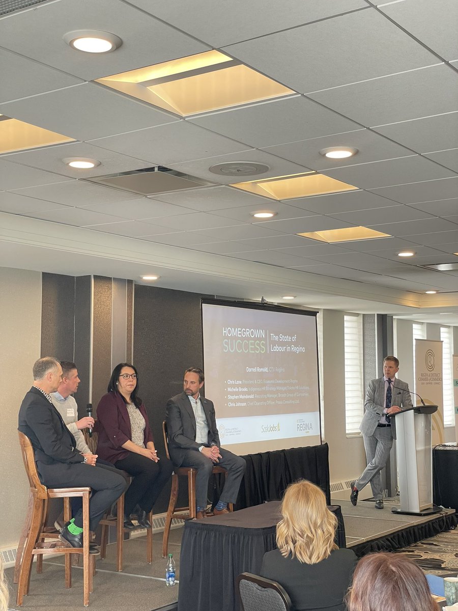EcDevRegina's tweet image. Our panelists have taken the stage for further discussion and Q&amp;amp;A’s around the state of labour at today’s Homegrown Success event 👉 Our CEO, Chris Lane, Michelle Brooks of #TokataHRSolutions, Stephen Maindonald of #BrandtGroupofComoanies &amp;amp; Chris Johnson of @praxisconsult_