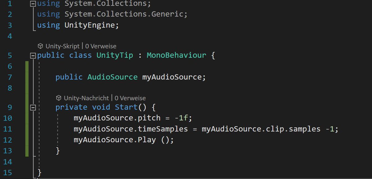 #UnityTips 10: Need to play an AudioSource backward? Set the pitch to a negative value!

Set AudioSource.timeSamples to AudioSource.clip.samples-1 to start at the end.

<a href="/BinaryImpactG/">Binary Impact</a> 
#gamedev #indiedev