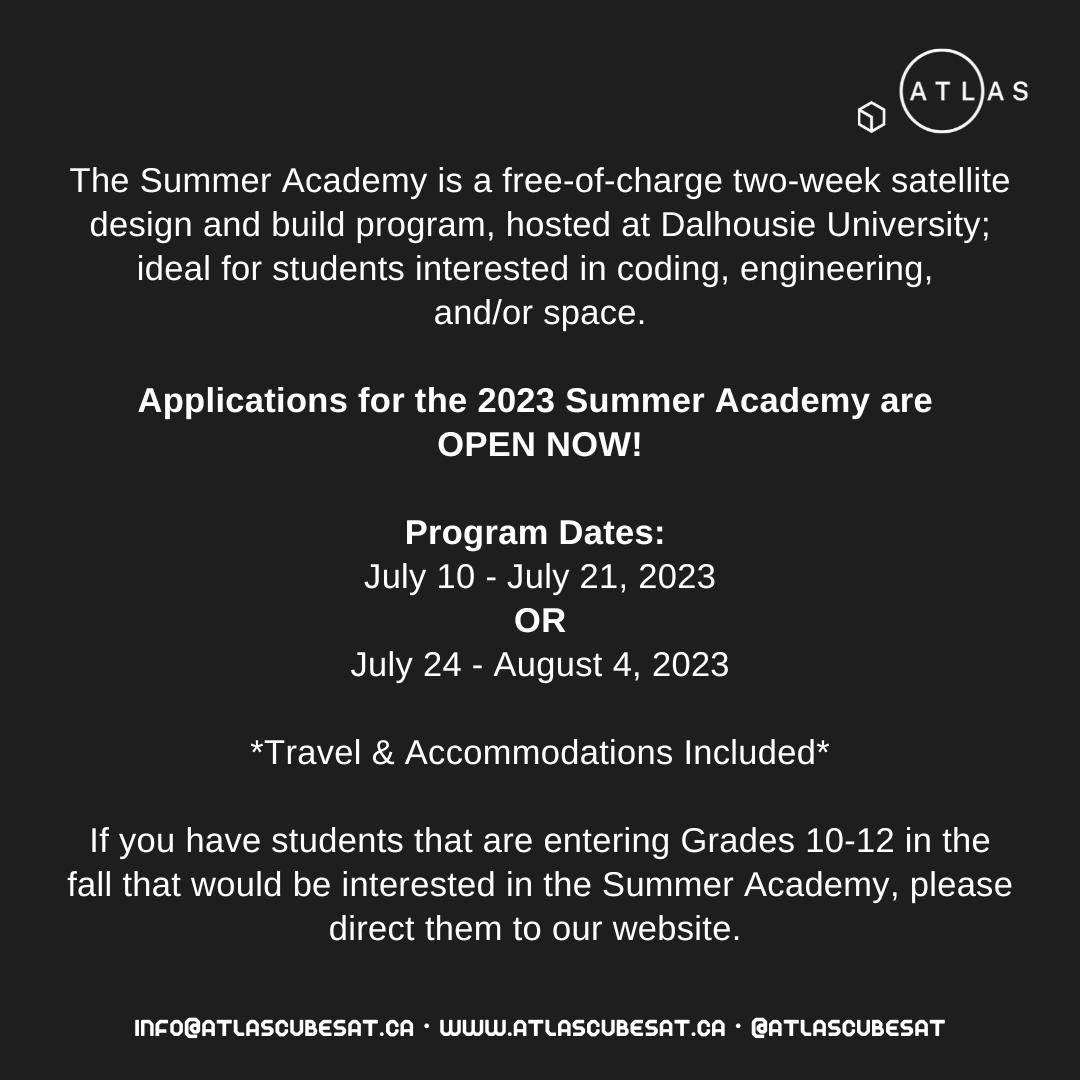 SuperNOVAatDal's tweet photo. 🛰️ Students can now apply for our FREE ATLAS Summer Academy, where they'll spend 2 weeks designing and building CubeSat satellites. This program is open to students living in Nova Scotia, New Brunswick, PEI, or Newfoundland who are entering Grade 10-12 in September 2023. https://t.co/APa0NEsIyl