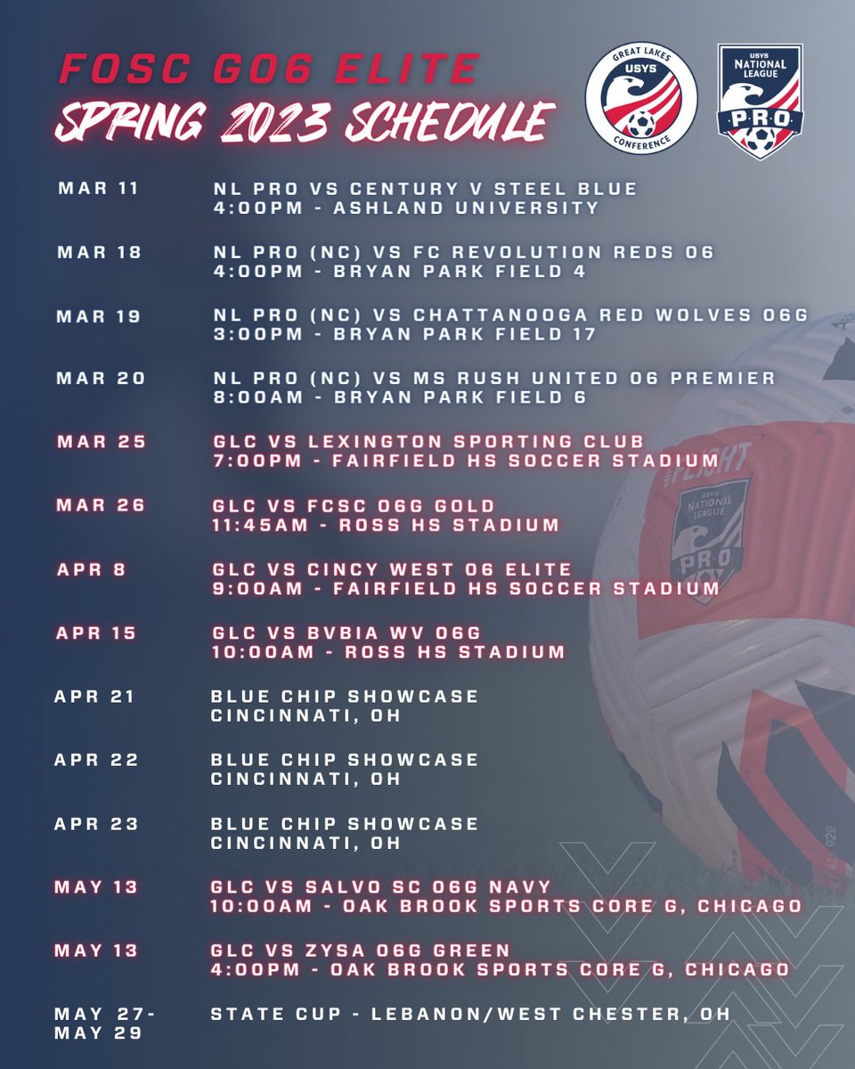 We've had some inquiries about the dates and times of some of our games, so we've updated the schedule to include what we know so far. Mark your calendars and come out to watch #FOSCG06Elite this Spring! #EarnYourPlace #MoreGame