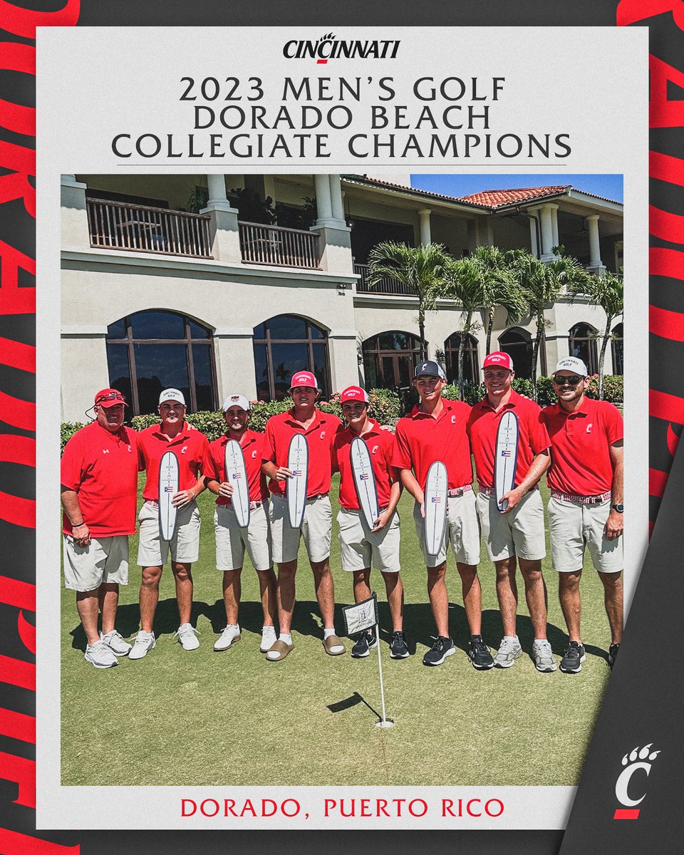 GoBearcatsMGOLF's tweet photo. CHAMPS for the third time this season! 
🏆🏆🏆 

Freshman Ryan Ford finishes second by two strokes as well.

All smiles coming home. 🏄‍♂️🇵🇷 https://t.co/dAF3oY1jso