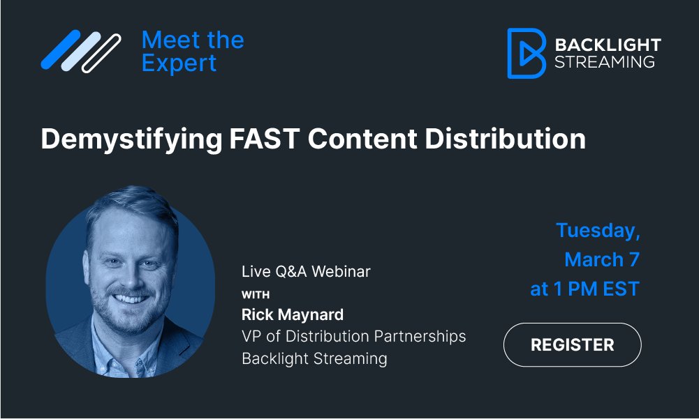 wildmoka's tweet image. Are you ready to learn more about FAST channel distribution?
 
Join Backlight Streaming’s VP of Content Distribution, Rick Maynard, and learn how to maximize your revenue and reach new audiences with a solid FAST strategy.
 
Learn more here ➡️ zype.com/demystifying-c…