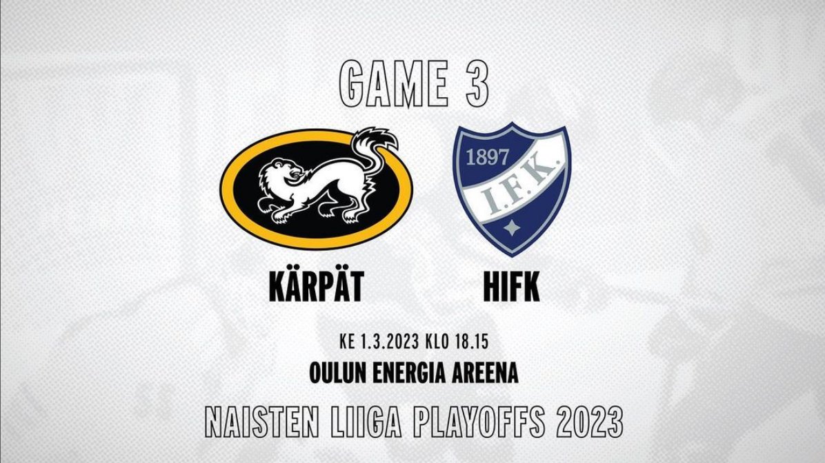 Puolivälierät jatkuvat keskiviikkona Oulussa! Game 3 Raksilassa klo 18.15 alkaen. #NaistenLiiga 

Liput ovelta, ovet avataan tunti ennen ottelun alkua. Huom: Runkosarjan kausikortti ei ole voimassa pudotuspeleissä.