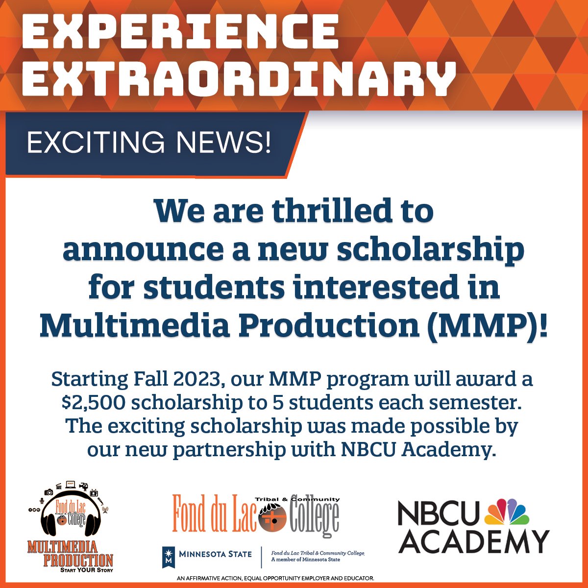 We are thrilled to announce a new scholarship for students interested in #MultimediaProduction (MMP)! Starting this fall, our MMP program will award a $2,500 scholarship to 5 students each semester. The #scholarship was made possible by our new partnership with @NBCUAcademy.