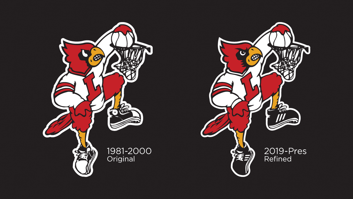 Recently learned that there's two versions of the Dunking Cardinal for  Louisville. The refined version has a cleaner head, eye, and shoes. 3  diagonal stripes were added to the shoes (representing Adidas,, image size:1200x675
