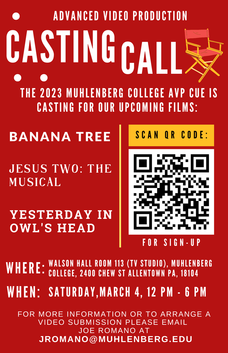 The Advanced Video Production class is holding an open casting call for their upcoming CUE projects! There are 3 films in total, you can schedule an audition and read more about each film with the link in our bio. Auditions will take place this Saturday, March 4th from 12-6pm.