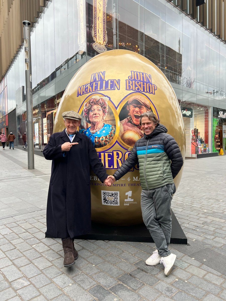 Liverpool_ONE's tweet photo. We had some special visitors at Liverpool ONE today.

Sir @IanMcKellen and @JohnBishop100 paid a visit to the Giant Egg at Liverpool ONE ahead of the opening night of Mother Goose at @LiverpoolEmpire this evening. https://t.co/4Jx4CFiDdU