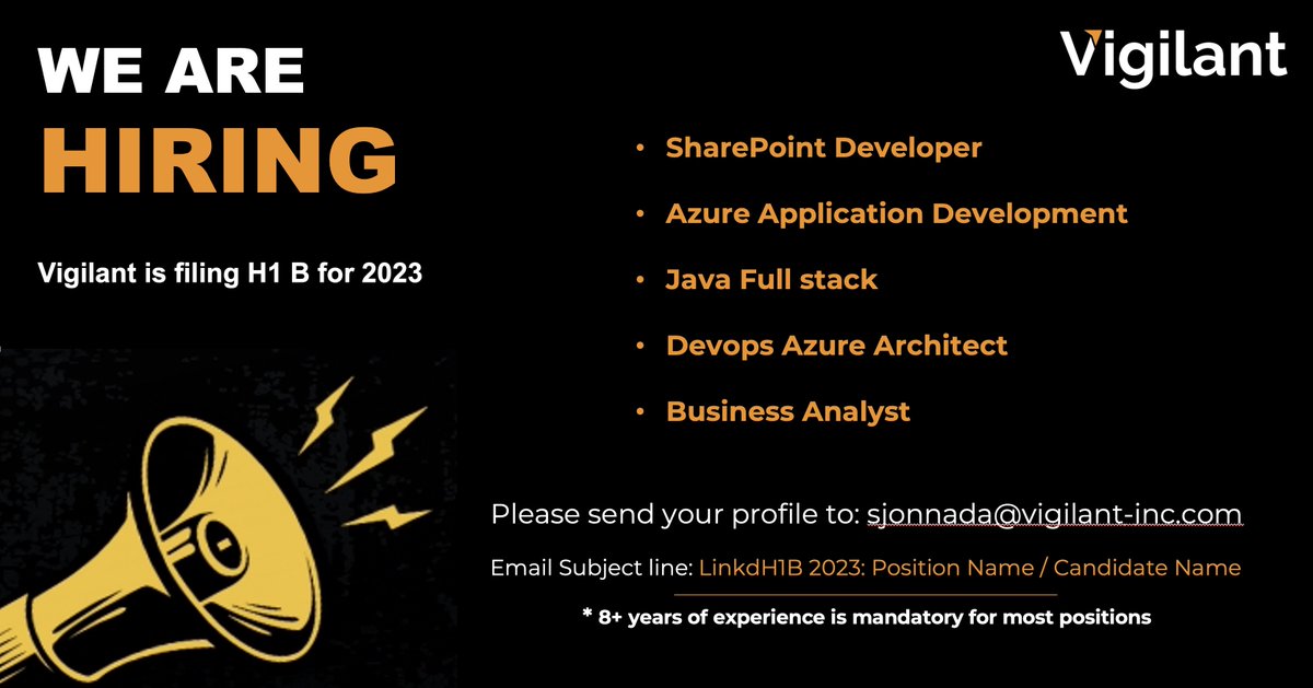 samata_bh's tweet image. #H1B2023: We will be closing our #H1Bfiling soon. We are still looking for #AzureDevopsEngineer, #SharepointDeveloper , #JavaFullStackDeveloper , and #BusinessAnalysts profiles: hubs.li/Q01DD79R0
#vigilant #nowfiling #h1bvisa #h1bsponsorship #h1filing #h1bfiling #h1b