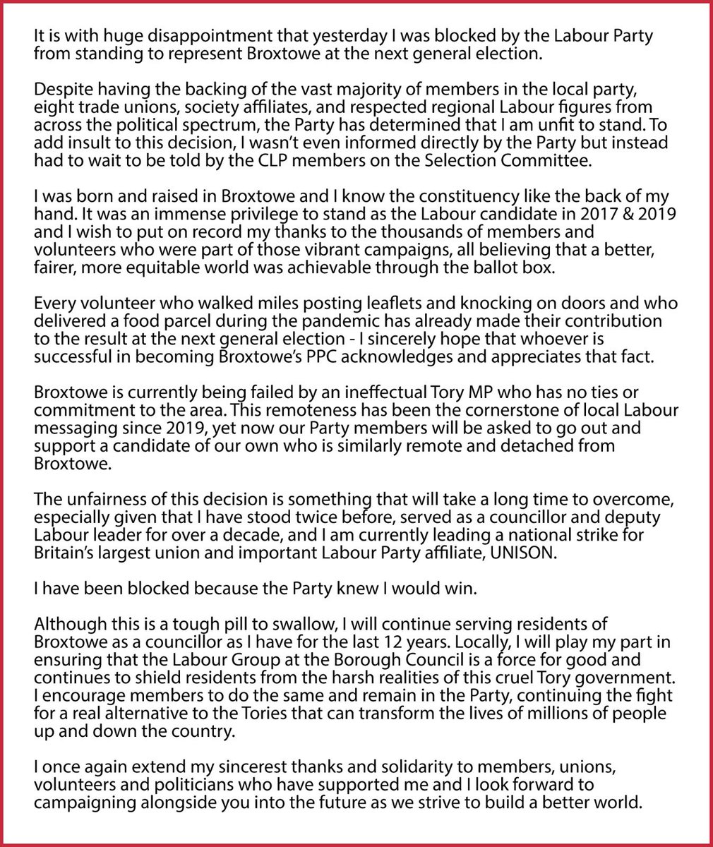 Greg4Broxtowe's tweet image. My statement on the NEC’s decision to block me from the Broxtowe PPC selection process👇