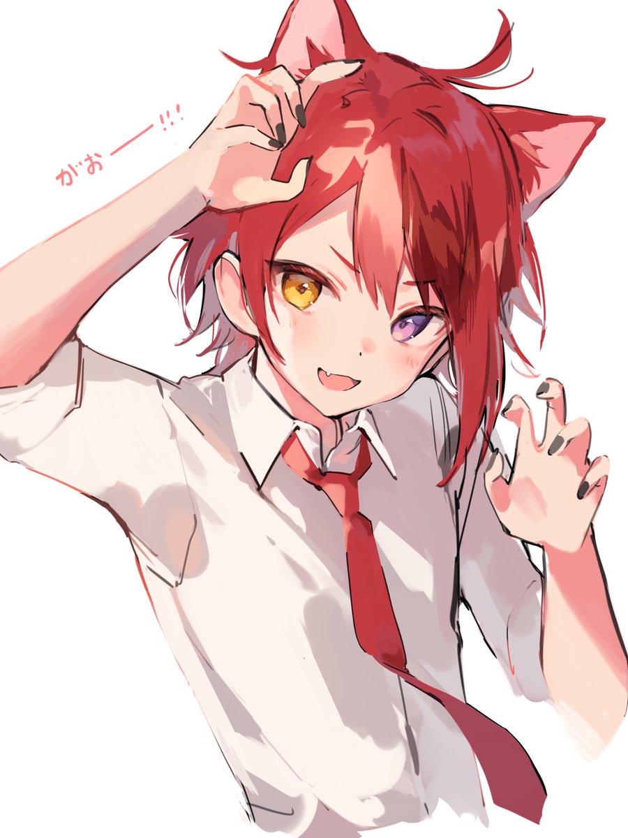 1boy male focus animal ears heterochromia red hair necktie solo  illustration images