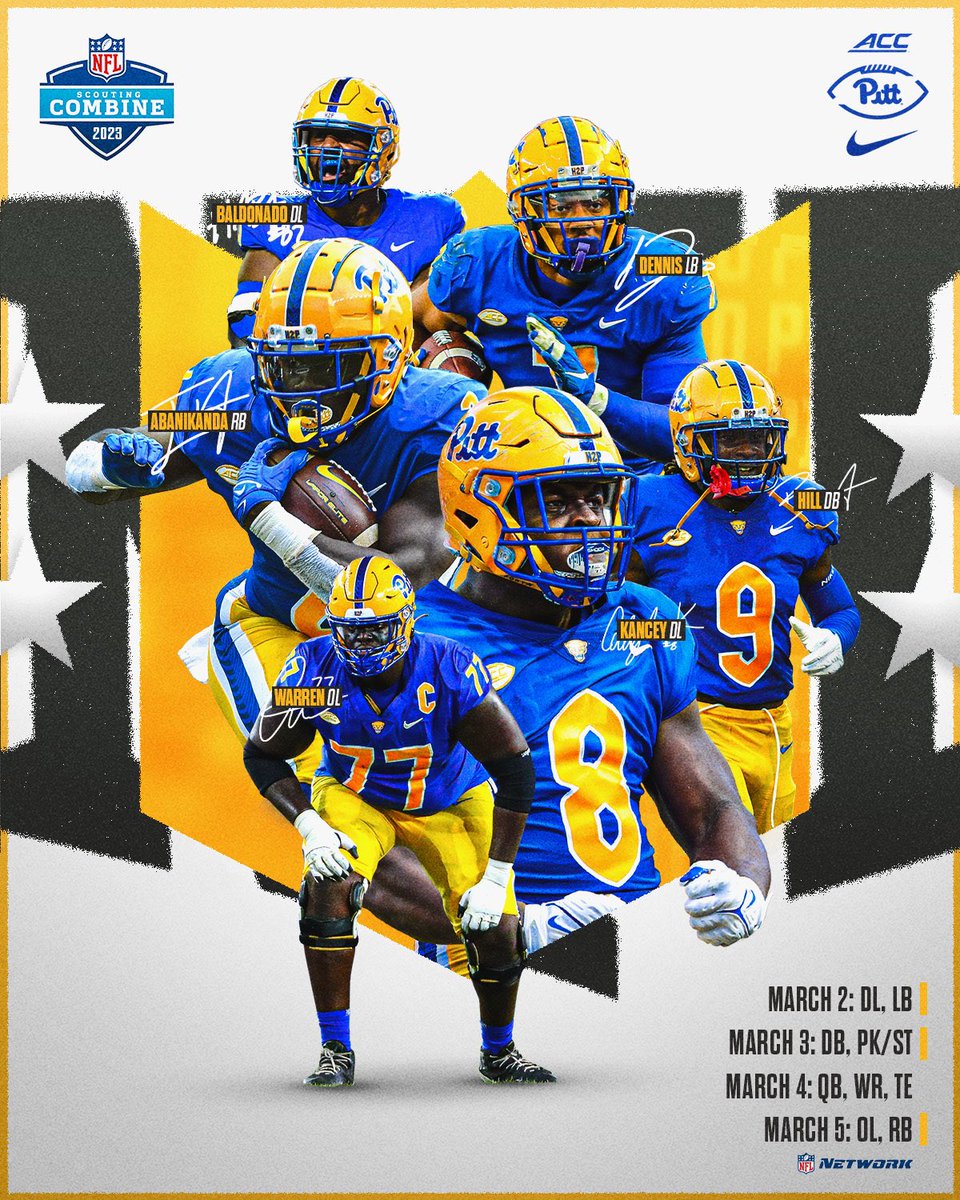 2023 <a href="/NFL/">NFL</a> Scouting Combine ⏱

Good luck to these Pitt men in Indy!

@CKancey8
<a href="/IAbanikanda/">Izzy GetsBusy</a> 
<a href="/CarterWarren79/">CARTER⚡️</a> 
<a href="/Sirvocea/">Voss</a> 
<a href="/abba1999/">Habakkuk Baldonado</a> 
@BrandonHill_6

Watch on @NFLNetwork 📺

#H2P » <a href="/NFLDraft/">NFL Draft</a>