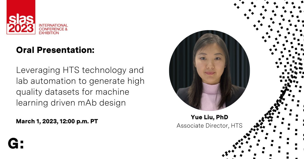 generate_biomed's tweet image. On Wednesday, Yue Liu will be speaking at the @SLAS_Org 2023 International Conference &amp;amp; Exhibition. Hear her presentation about our integrated wet &amp;amp; dry lab capabilities &amp;amp; how we&apos;re using high-throughput assay data to optimize the function of ML-driven antibody design. #SLAS2023