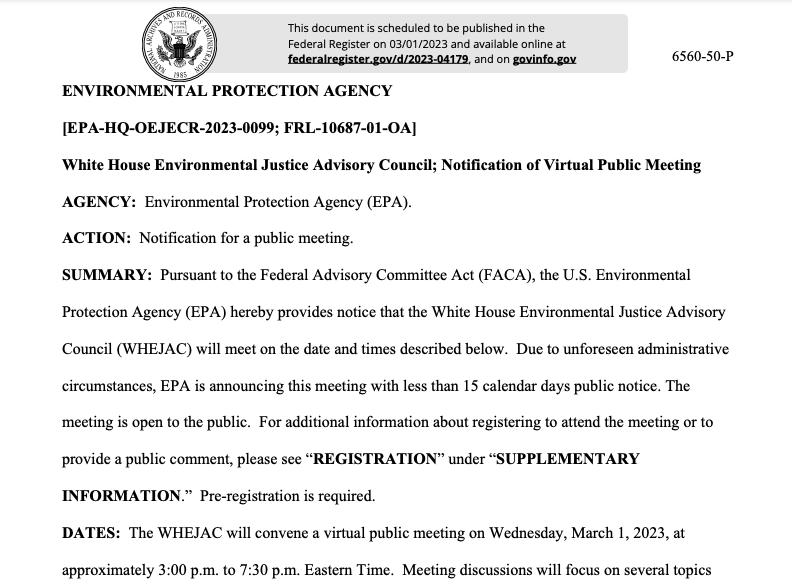 StateImpactCntr's tweet photo. The White House Environmental Justice Advisory Council is holding a virtual public meeting tomorrow 3/1 from 3-7:30 ET to discuss recommendations for @WHCEQ, among other topics, according to an @EPA notice set to be published tomorrow. #StateImpactAlert
https://t.co/rfduo2nxey https://t.co/huKmsz5JFY