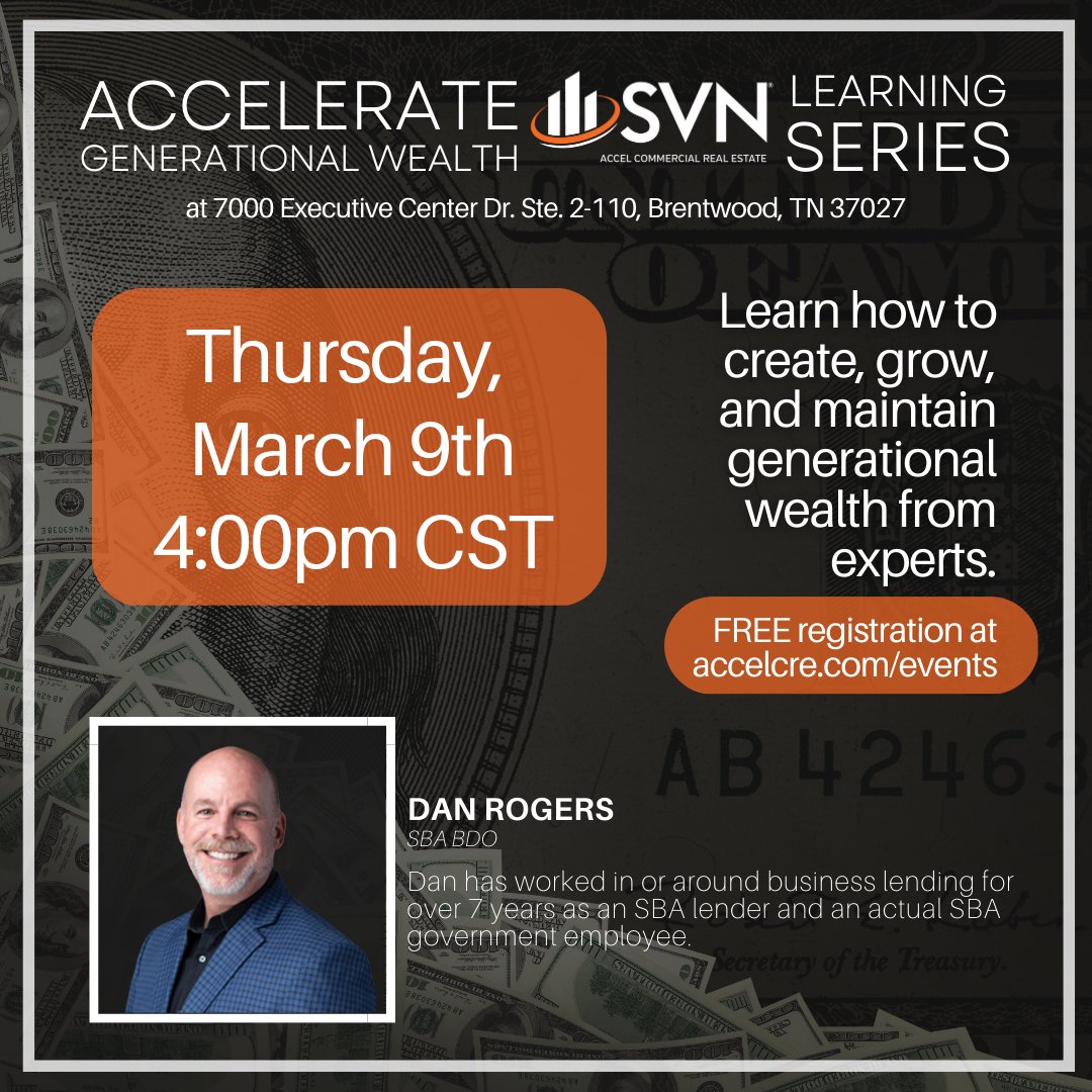AccelExit's tweet photo. Thursday, March 9th we will be having our monthly Accelerate Generational Wealth Learning Series event! While we still have the same awesome content, we have a NEW START TIME and only ONE speaker. 
-
#generationalwealth #cre #buildingwealth https://t.co/tcgToRmyUA