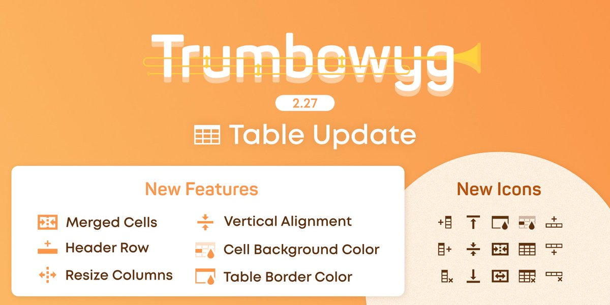 AlexandreDemode's tweet image. Trumbowyg 2.27 is out!

This update mainly concerns the Table plugin with an almost complete rewrite to manage merged cells.

Release note: github.com/Alex-D/Trumbow…
